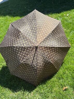 Vintage 70s Louis Vuitton Monogram Large Umbrella Wood Handle Brown and Gold